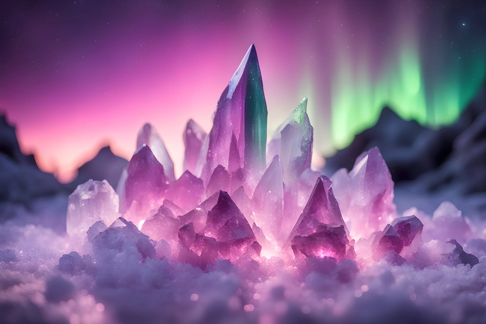 magnifici cristalli magici e fatati su sfondo aurora boreale rosa e viola