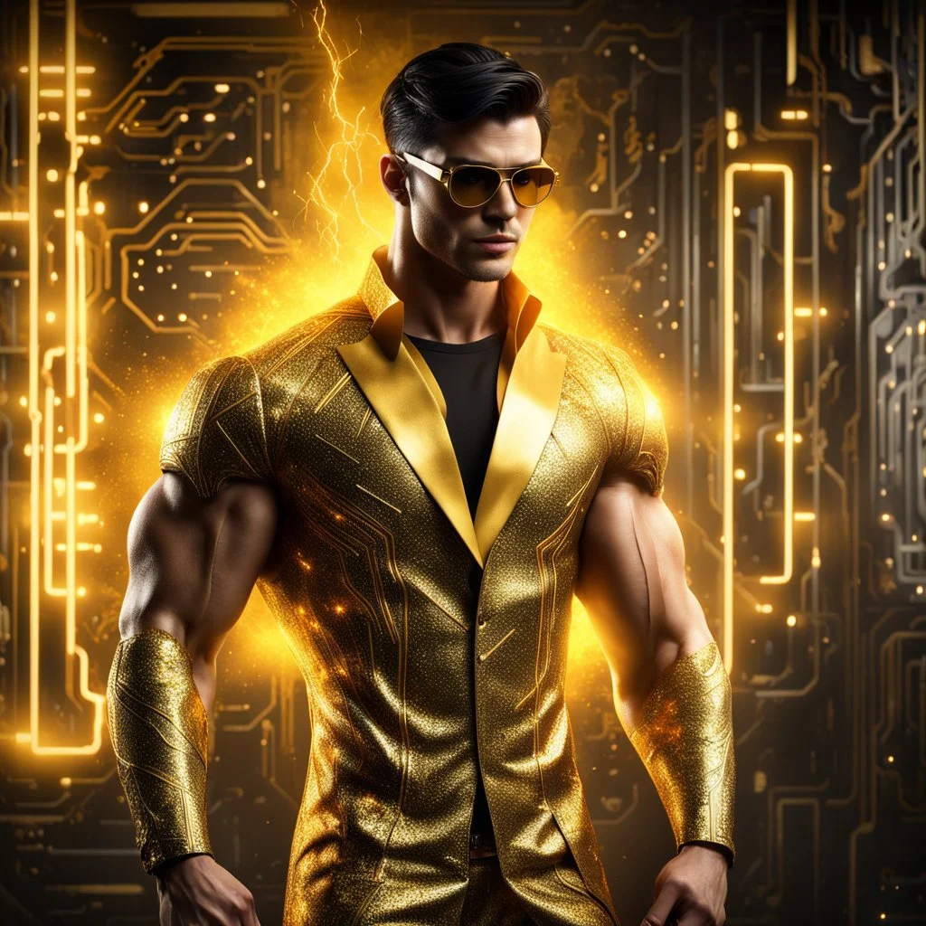 Hyper Realistic handsome muscular Electric-Superhero with short-black-hair wearing long-fancy-yellow-tuxedo-with-golden-circuit-patterns & fancy-golden-sunglasses in a dark-rustic-circuit-room with electric-sparks-&-rays & a massive circuit-board-wall with-glowing-embers showing dramatic & cinematic ambiance.