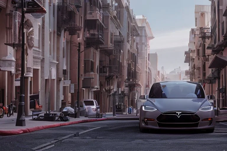 A Tesla 'Model Y' is parked, on the streets of San Francisco. (CINEMATIC, WIDE ANGLE LENS, PHOTO REAL)