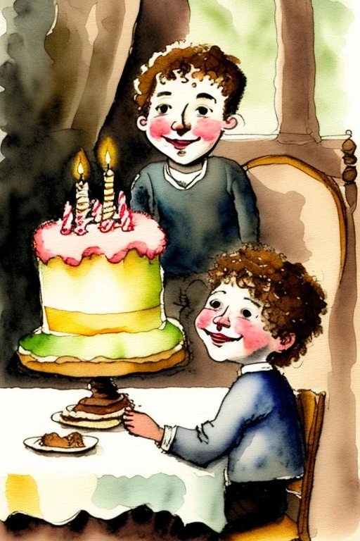 A cute smiling jewish boy is sitting at a table, together with a lion and a birthday cake. Watercolour