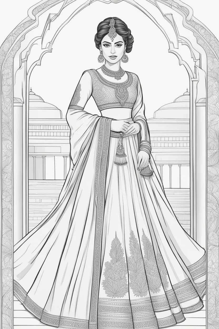 coloring page for adults of fashion model wearing hindi dress, thick and clear lines hair, full body portrait, style clean coloring page for adults, cartoon style, clean line art high detailed, white background, coloring book style, 8k, no-shading, thick lines hair, no-grayscale, lines hair