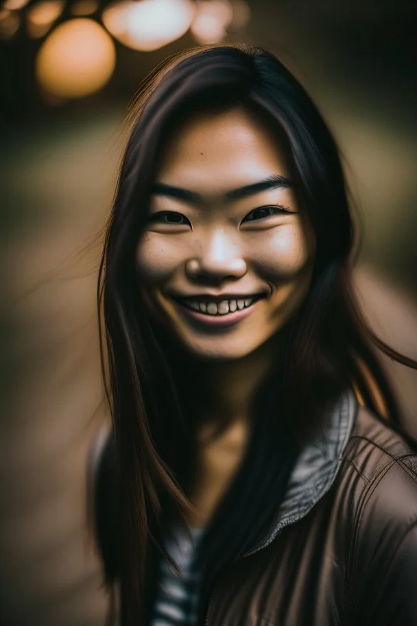 portrait of an asian girl smiling, outdoors, dslr camera, cinematic photography, epic angle, dark colour tone