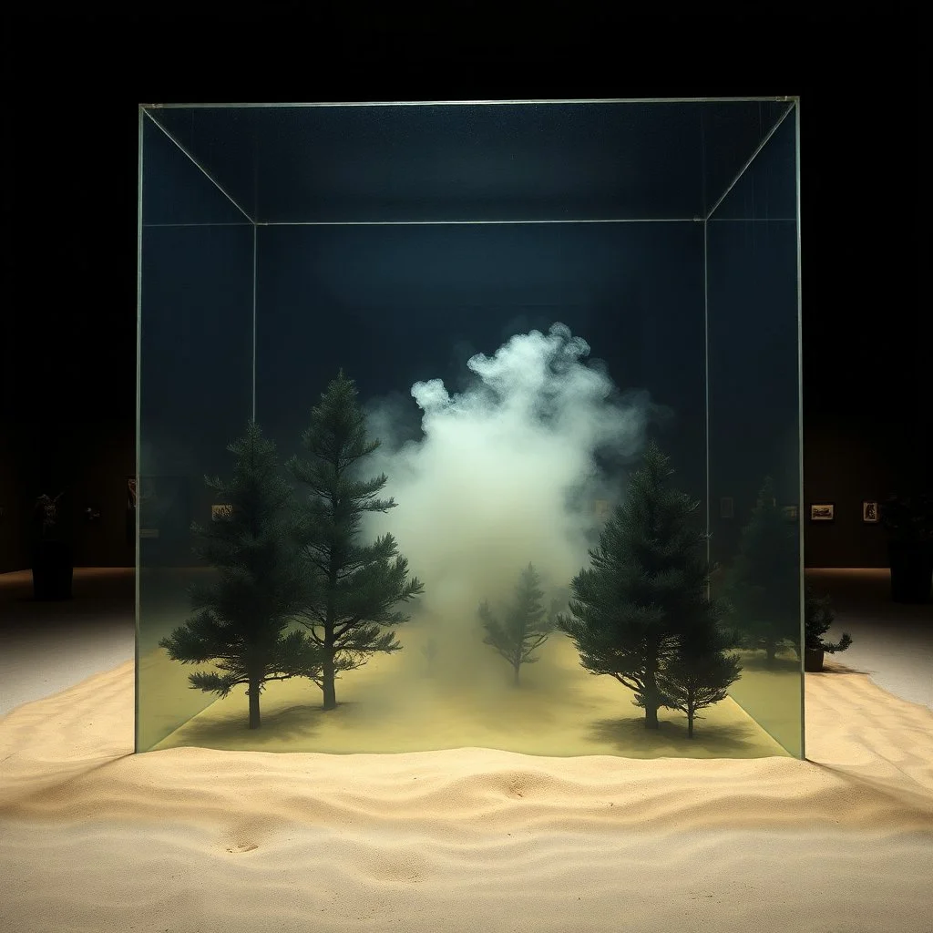 A photo of a dark, closed environment in a museum. At the center, a transparent structure made of plexiglass encloses a misty element. There are dark trees. The surface below appears to be sandy, with small dunes or accumulations of sand. In the background, other forms or structures are visible, some of which are dark and organic in appearance. The photo was taken with a Hasselblad H6D 400c camera.