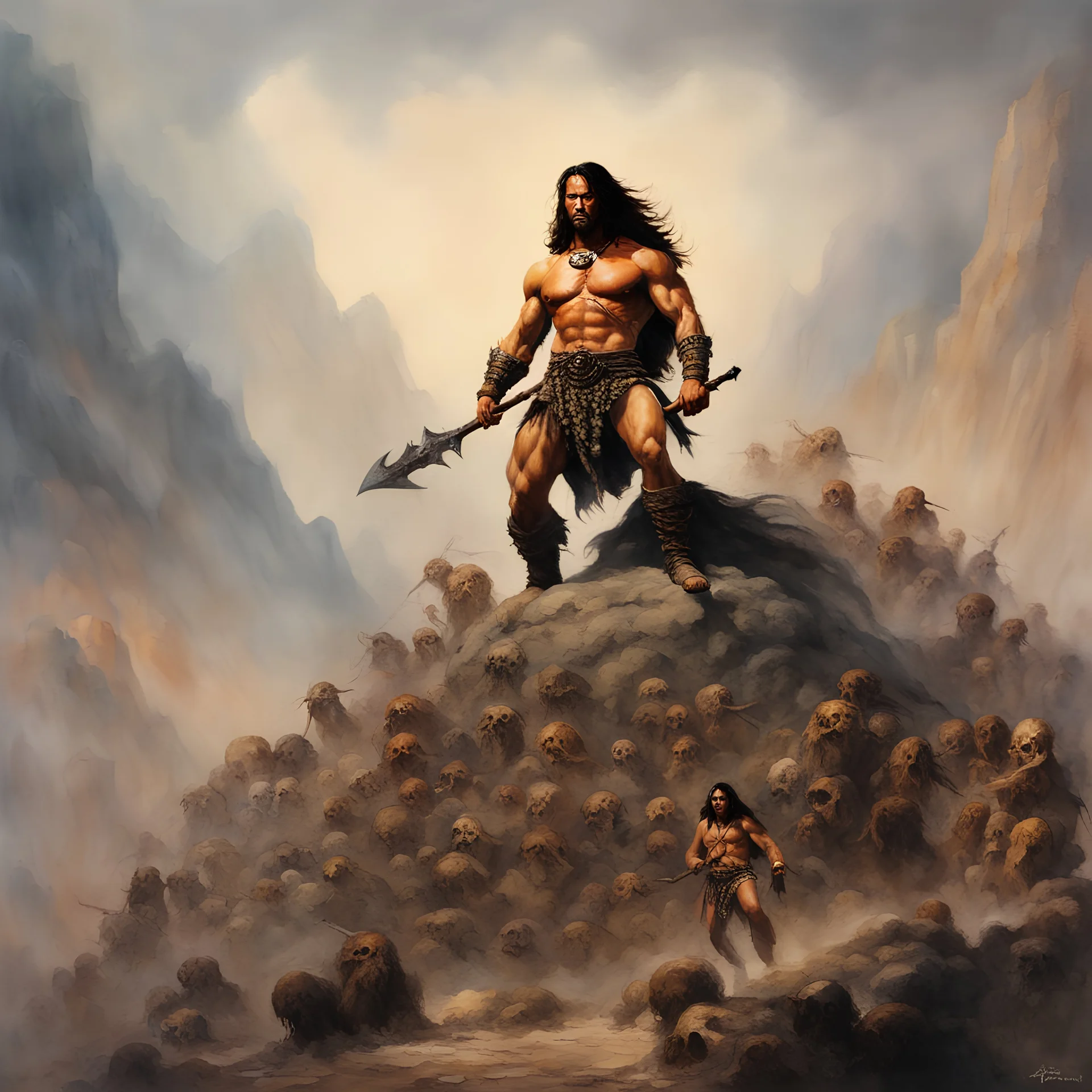 Conan the Barbarian standing on a mountain of Skulls, dark, multicolored watercolor stained wall in the background, oil painting in the art style of Frank Frazetta, 32k UHD, Hyper realistic, photorealistic, realistic, sharp, highly detailed, professional quality, beautiful, awesome, majestic, superb, trending on artstation