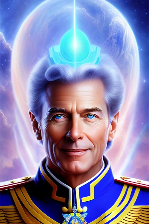 cosmic ufo admiral from the future, one fine whole face, large cosmic forehead, crystalline skin, expressive blue eyes, blue hair, smiling lips, very nice smile, costume pleiadian, rainbow ufo