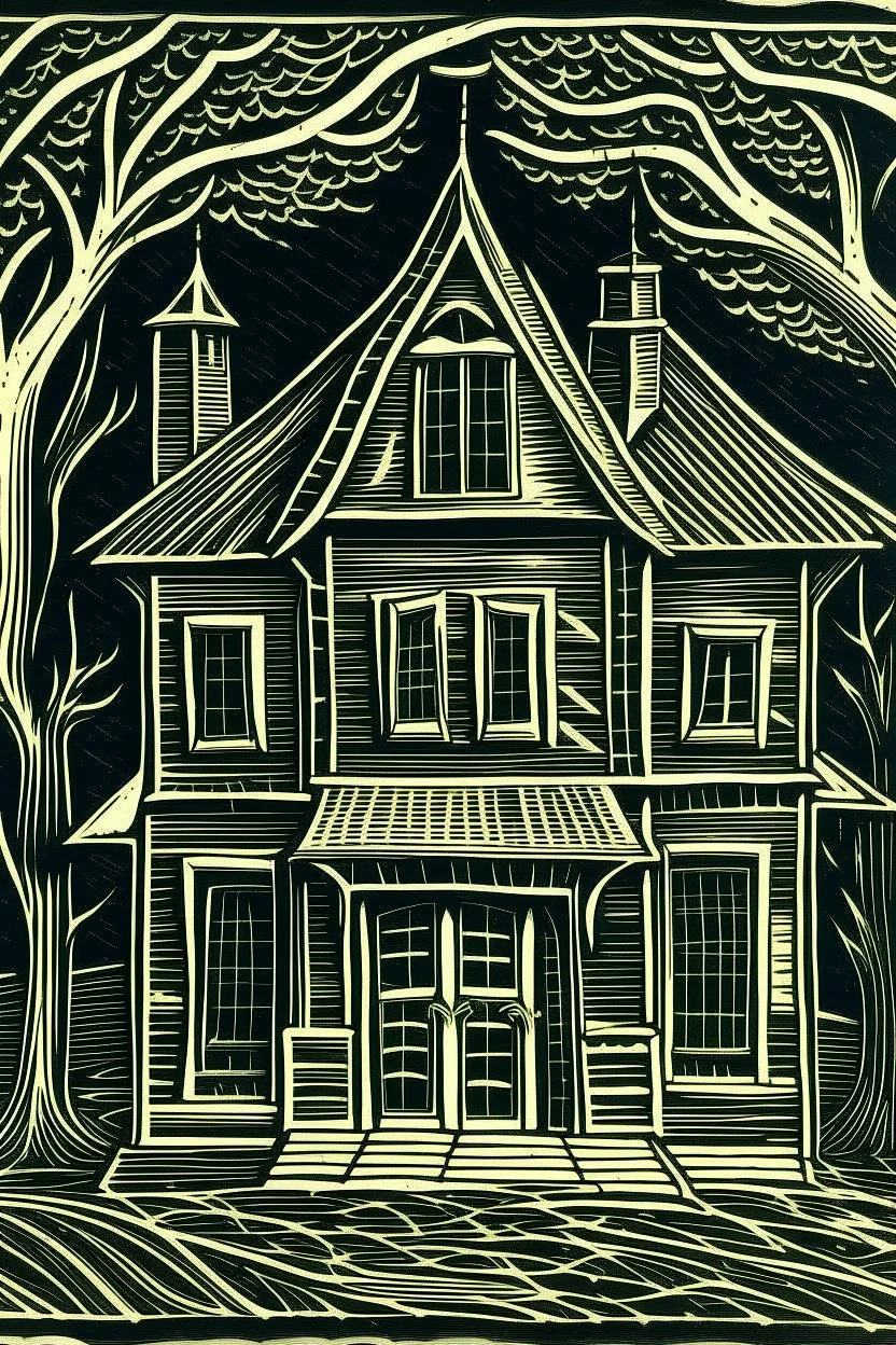 Linocut haunted house