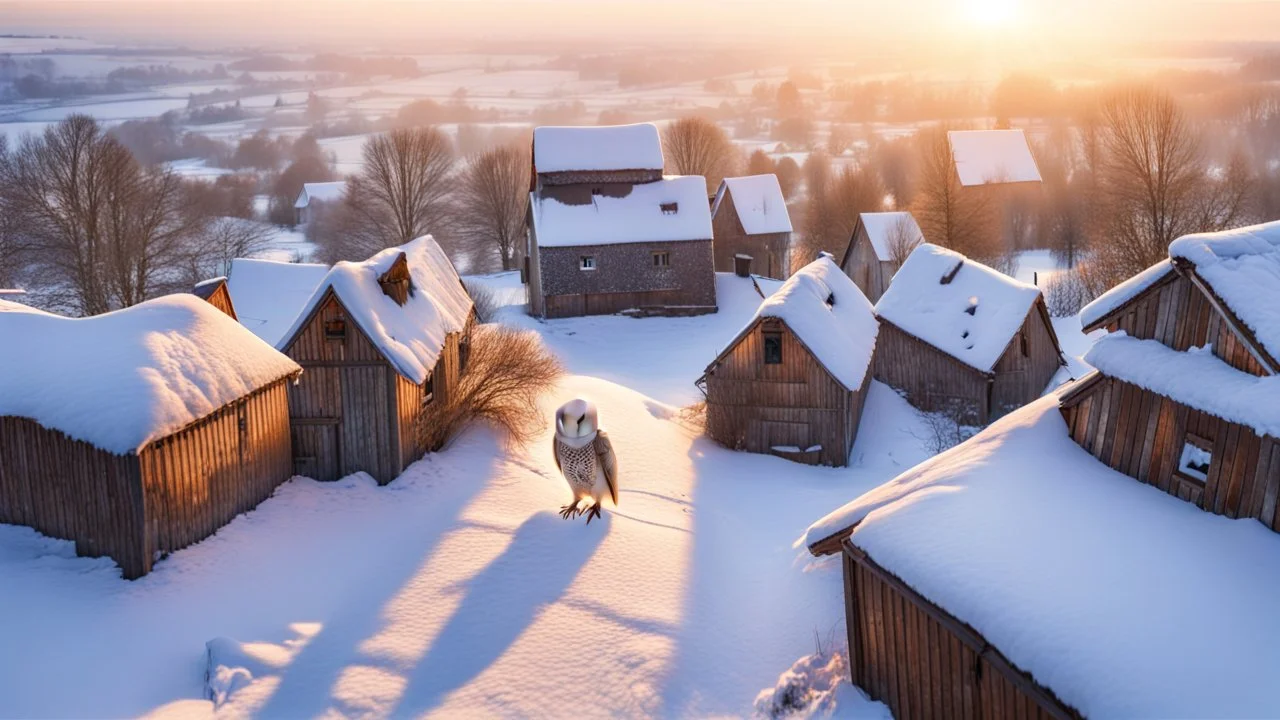 angel's view medium close from above a barn owl flying over a winter small village, snowy landscape, little light, sunrise, some small Hungarian old country houses from above, perspective, high detailed, sharp focuses, photorealistic, cinematic