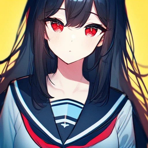 Clear focus, High resolution, long black fluffy hair, red eyes, chopped bangs, wearing a sailor uniform, wearing a sailor skirt, colorful, hollywood, female, no outlines, extreme close up, rough line sketch