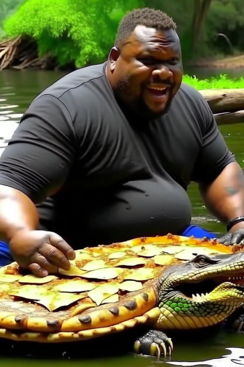 a obese black guy kicked a crocodile while eating a pizza