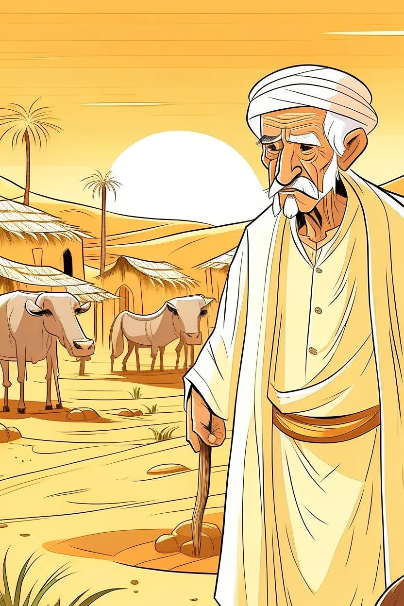 Old man, Arab, turban, white clothes, cattle, desert, council, sun, palm trees, mud houses, holding a stick, looking forward, a very slight smile.cartoon