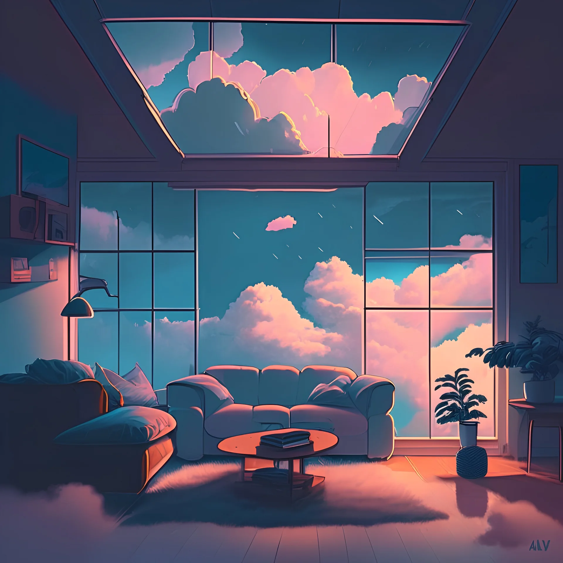 illustration from inside a livingroom in the sky surrounded by clouds in a lofi aestethic style and ambient lighting