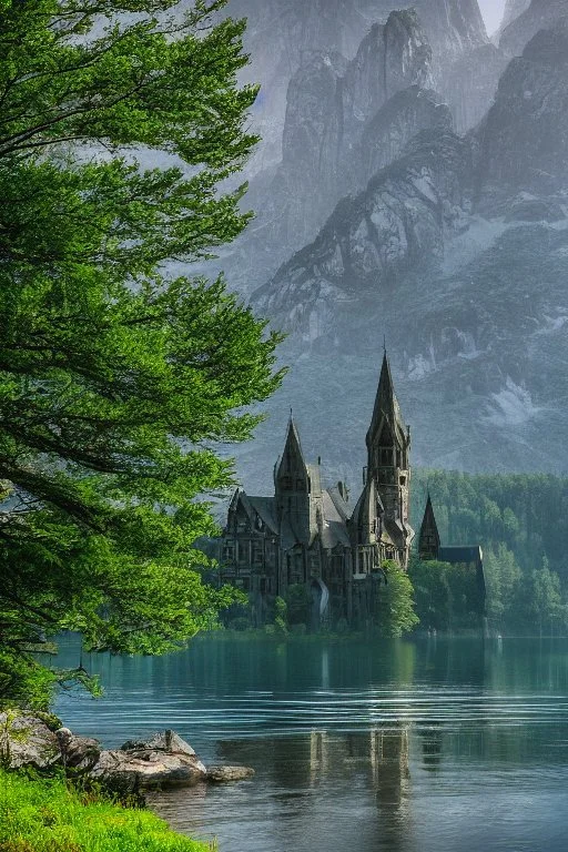 gothic building on a lake shore with fantasy trees and rocks