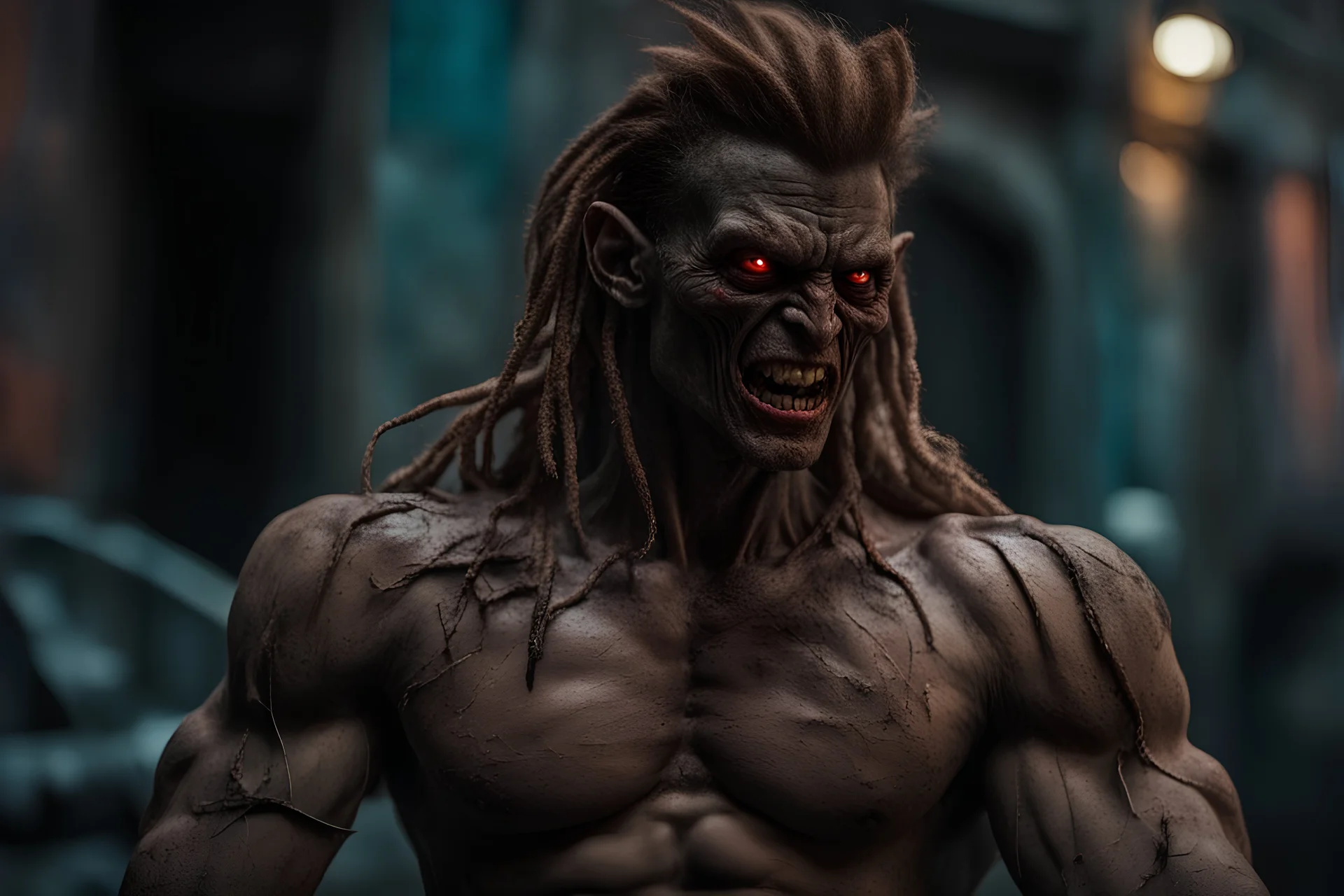 uber extreme silicone diorama of a grandiose (grungy) fantasy photo in realistic colors of an (muscles) ((demon)) dirty tanned skin with ethereal face and alien eyes, ragged clothes and big decorated hair, dynamic pose and expression, in the city ally of nightmares