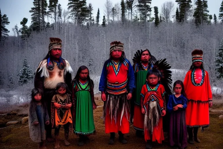 North Carelian, indigenous people, kekripukki, middle winter, kaamos, mystique, haunting kids, witch, wizard,sage, traditional costumes, entirely painted face, arctic hills, strange forest, oppressive atmosphere, insane