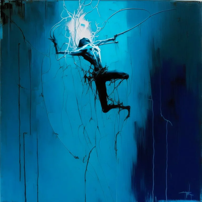 Minimal abstract oil painting of a falling person limbs sinew twisted . Background of bright blue with random words. hanging wires illuminated at night. In the style of Justin Mortimer and Phil Hale and Ashley Wood