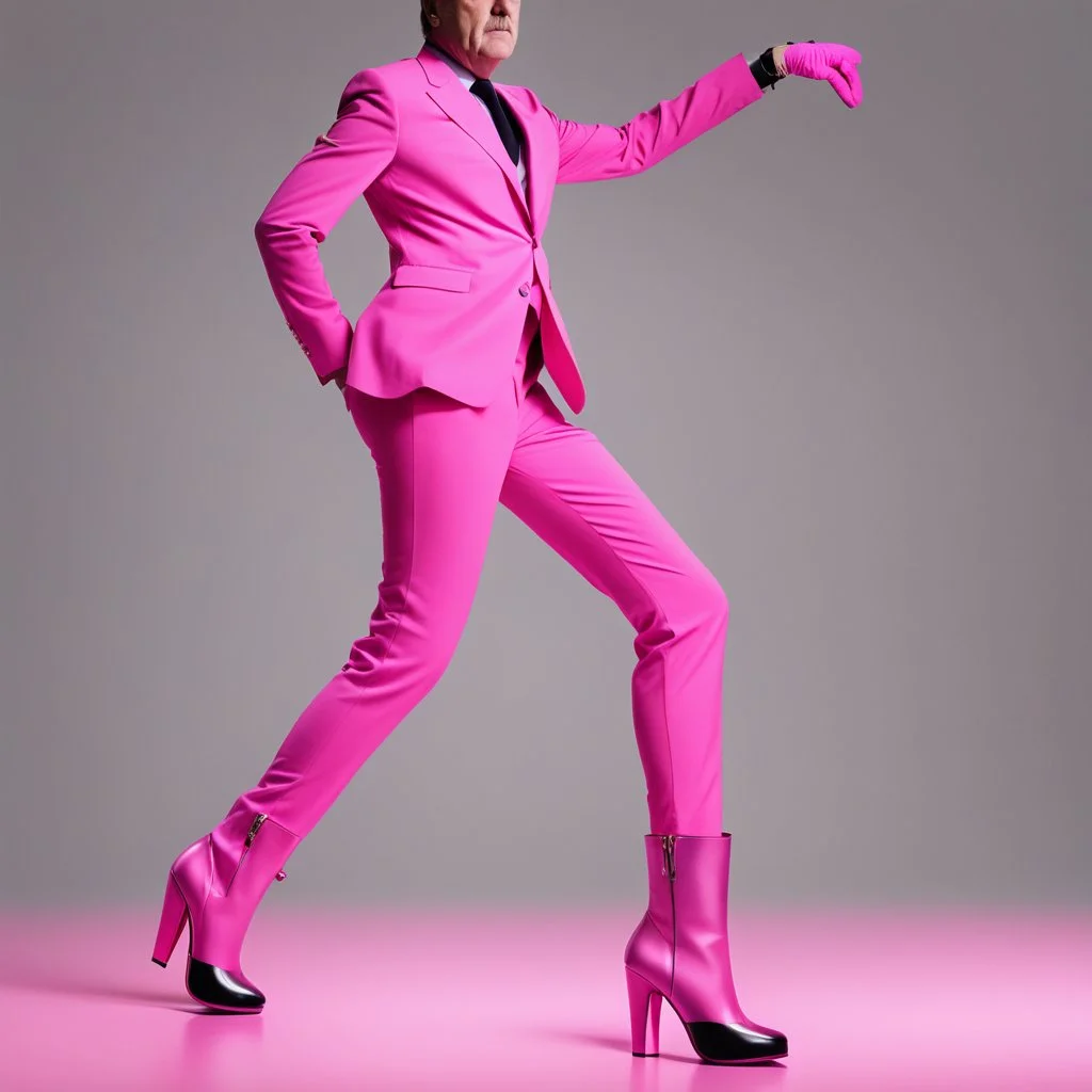 [Ultra Fractal art] John Cleese in a pink battlesuit pink gloves and pink high heel boots. The Ministry of Silly Walks.