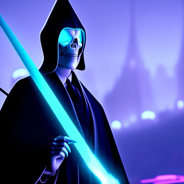 The Grim Reaper in Tron world, discussing the future of the universe, art by Magritte and Pixar