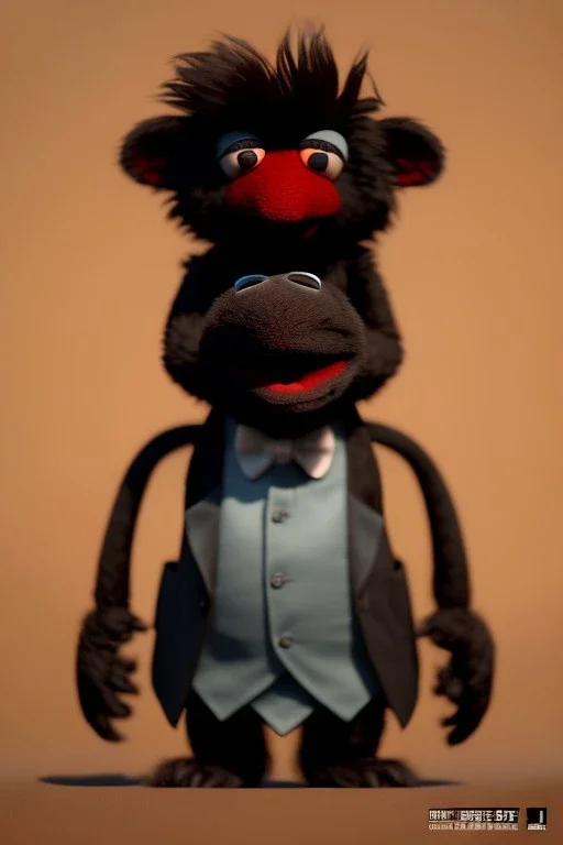 Waist up muppet Portrait, Kim Jong-un muppet doll, black suit, photo studio, red background, unreal engine 5, concept art, art station, ray tracing, lumen lighting, ultra detail, volumetric lighting, 3d.