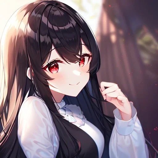 Clear focus, high resolution, black long fluffy hair, red eyes, wearing a cute outfit, kawaii