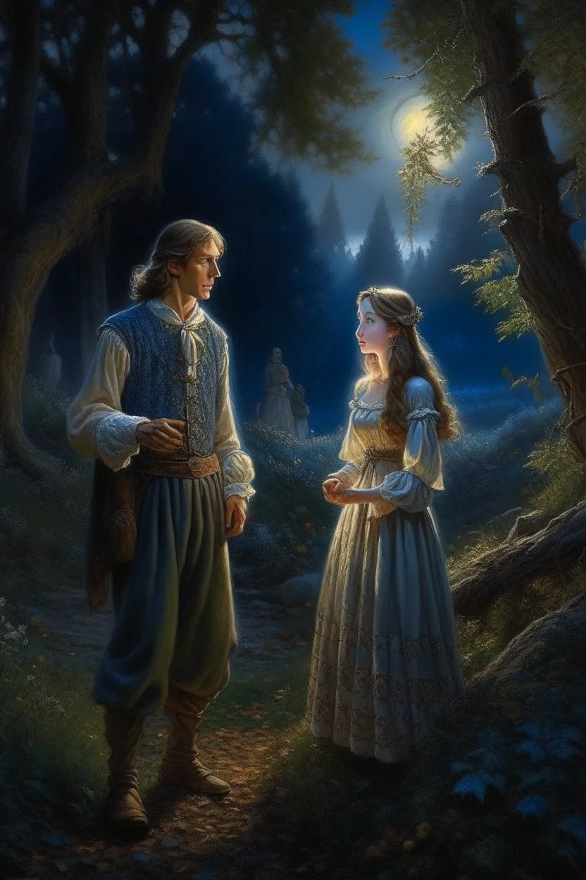 A prince and a village girl secretly meet by the moonlight in an oil painting forest Photorealistic