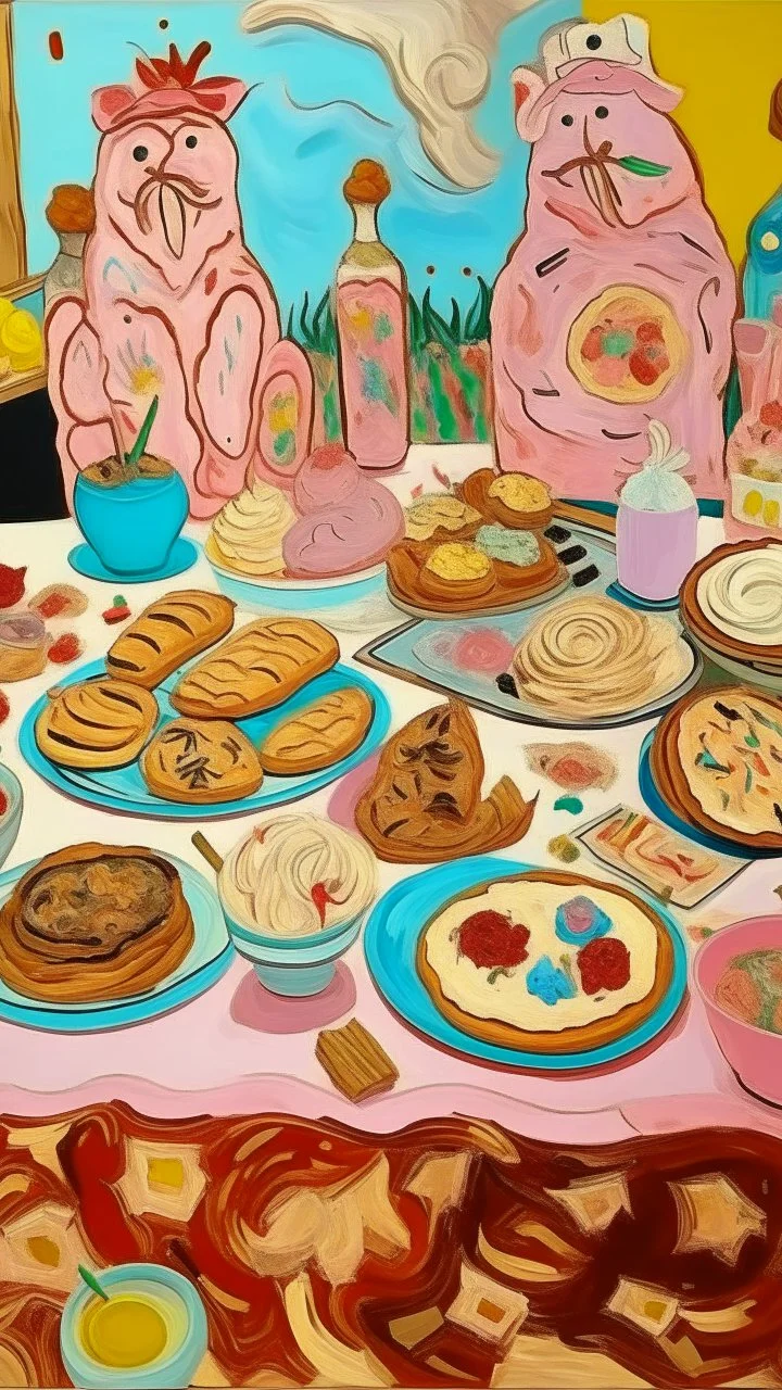 A pale pink carnival with cookies and cakes painted by Vincent van Gogh