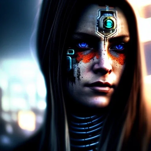 portrait,beautiful female Cyborg, intense stare, sad eyes, post-apocalyptic in a cyberpunk city, realistic, intriacte detail, sci-fi fantasy style, volumetric lighting, particles, highly detailed ,cinamatic , deep colours,8k, in the style of Kaare Andrews