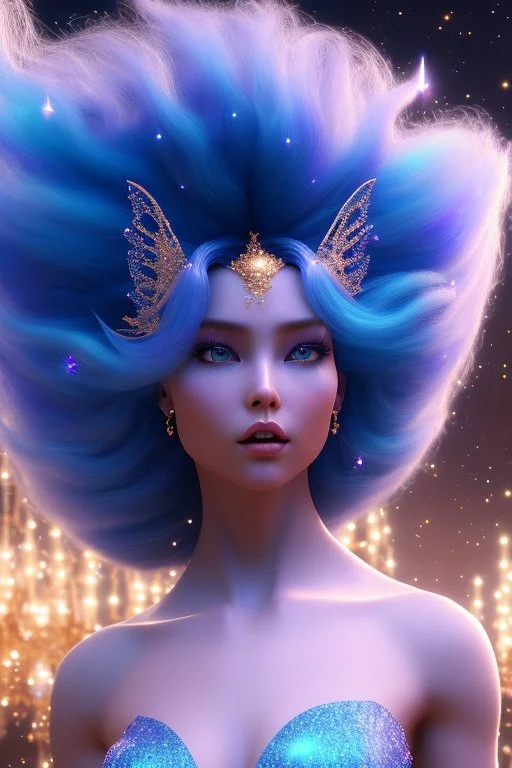 woman glitter blue fairy in a galactic ambiance, long blue hair, detailed gorgeous smile, delicate colors in the foreground, full of details, smooth, light effect，vaporwave colorful, smooth, extremely sharp detail, finely tuned detail, ultra high definition, 8 k, unreal engine 5, ultra sharp