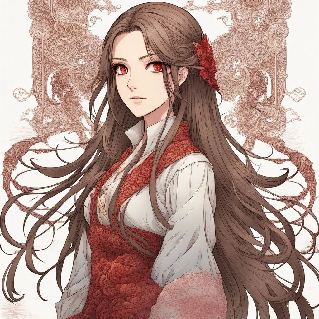 A confident woman with long brown hair and red eyes, colored manga style, intricately detailed