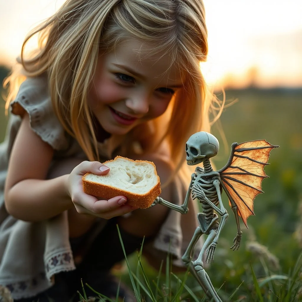 Grainy photography style image of a close-up scene with a gently smiling young blonde caucasian girl squatting down to offer a slice of bread and water to a curious miniature tiny fantastical sinister skeleton creature with a set of small tattered sickly leathery wings; set against a meadow at sunrise. The scene should be fantastical, creepy, with rich colors and intricate details, capturing the user's preference for eerie, unsettling, and mind-bending visuals