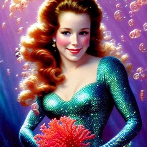 Perfect and beautiful face of teen robyn lively, holographic mermaid, holding a bouquet of floral coral, bubbles, upward flowing long hair, gloves hidden under the bouquet, underwater with seashells and fish, seahorses, coral, fantasy, regal, intricate, by stanley artgerm lau, greg rutkowski, thomas kinkade, alphonse mucha, loish, norman rockwell