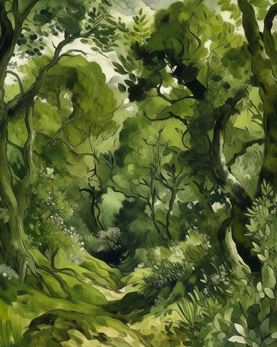 An olive green forest filled with insects painted by Paul Cezanne