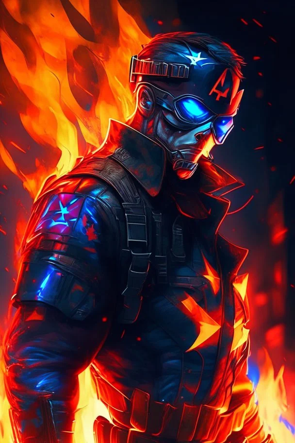 Captain america in blazing flame cyberpunk style