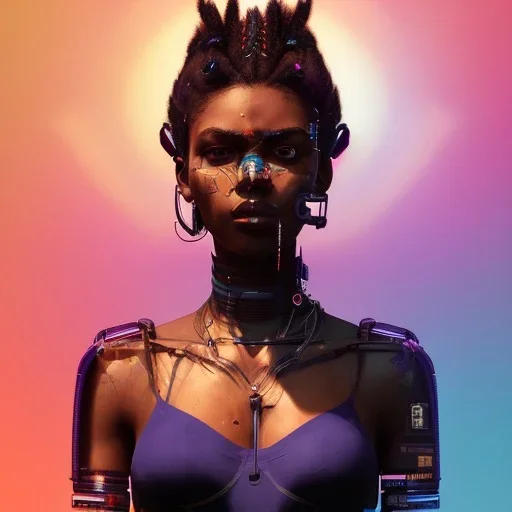 cyberpunk beautiful black girl by sandra chevrier and, greg rutkowski and wlop, purple blue color scheme, high key lighting, volumetric light, digital art, highly detailed, fine detail, intricate, ornate, complex, octane render, unreal engine, photorealistic