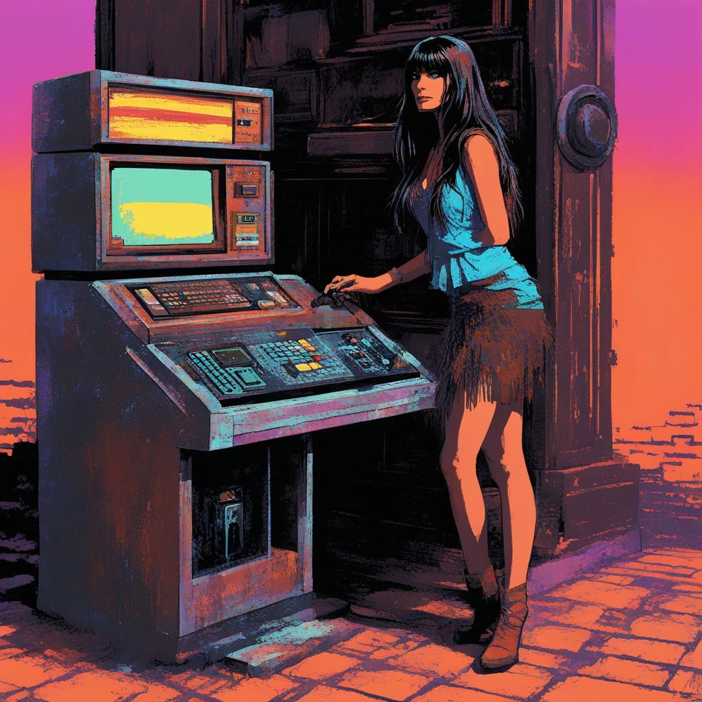 [psychedelic pixel illustration by Jannell Jaquays with Verve colour palette] a youthful Caroline Munro cautiously approaches the weathered and worn console, the most clever ordinateur in the universe. The once gleaming machine now bears the marks of time, covered in a layer of rust and dust that speaks of ages past. Despite its aged appearance, the user is granted access to a realm of knowledge and possibilities beyond her wildest dreams. The power and intelligence contained within this ancien