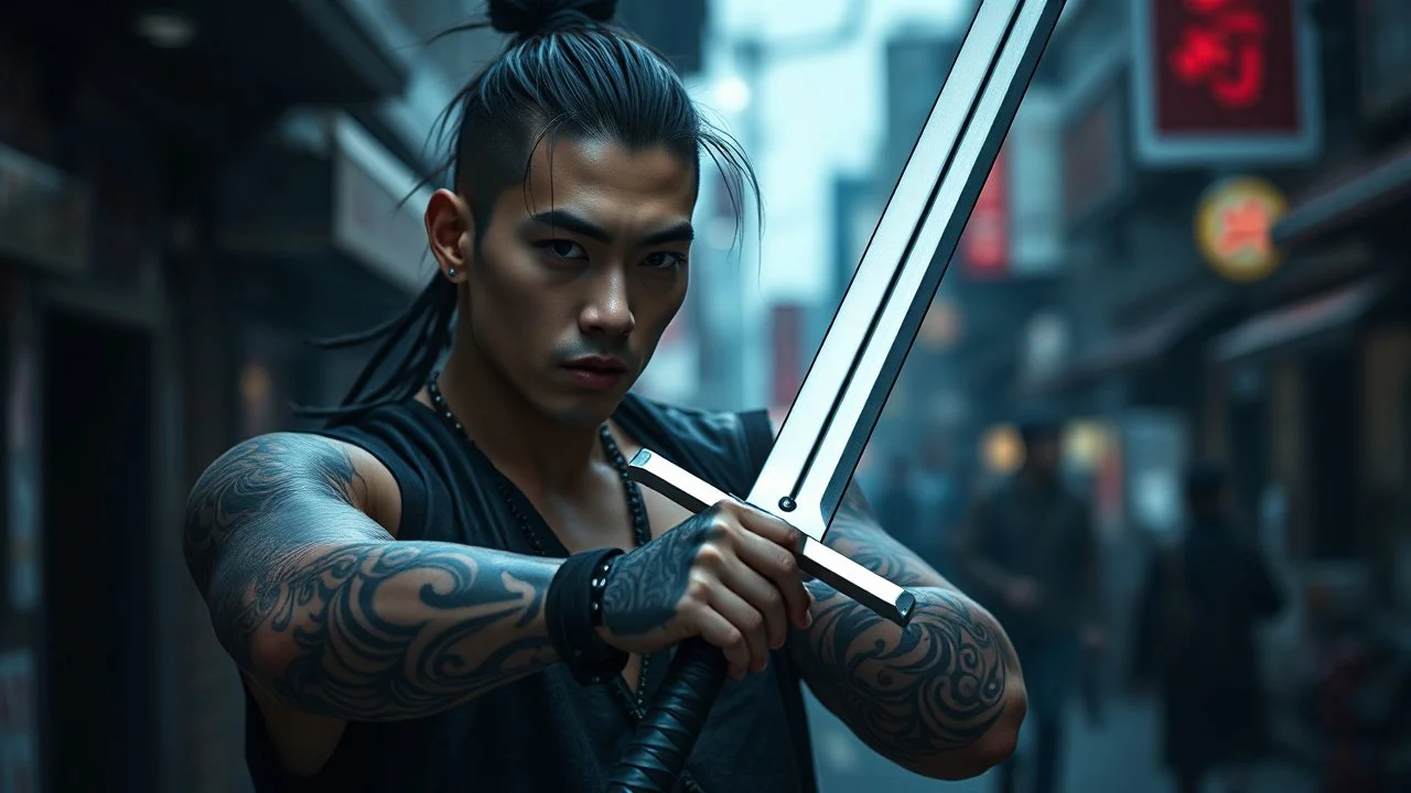 cinematic photo of an attraktive korean cyberpunk street samurai with black nonfigurative tattoos holding a silver metal long sword, cyber city, ultrarealistic, photorealistic, natural skin, textured skin, sharp focus, high quality, moody