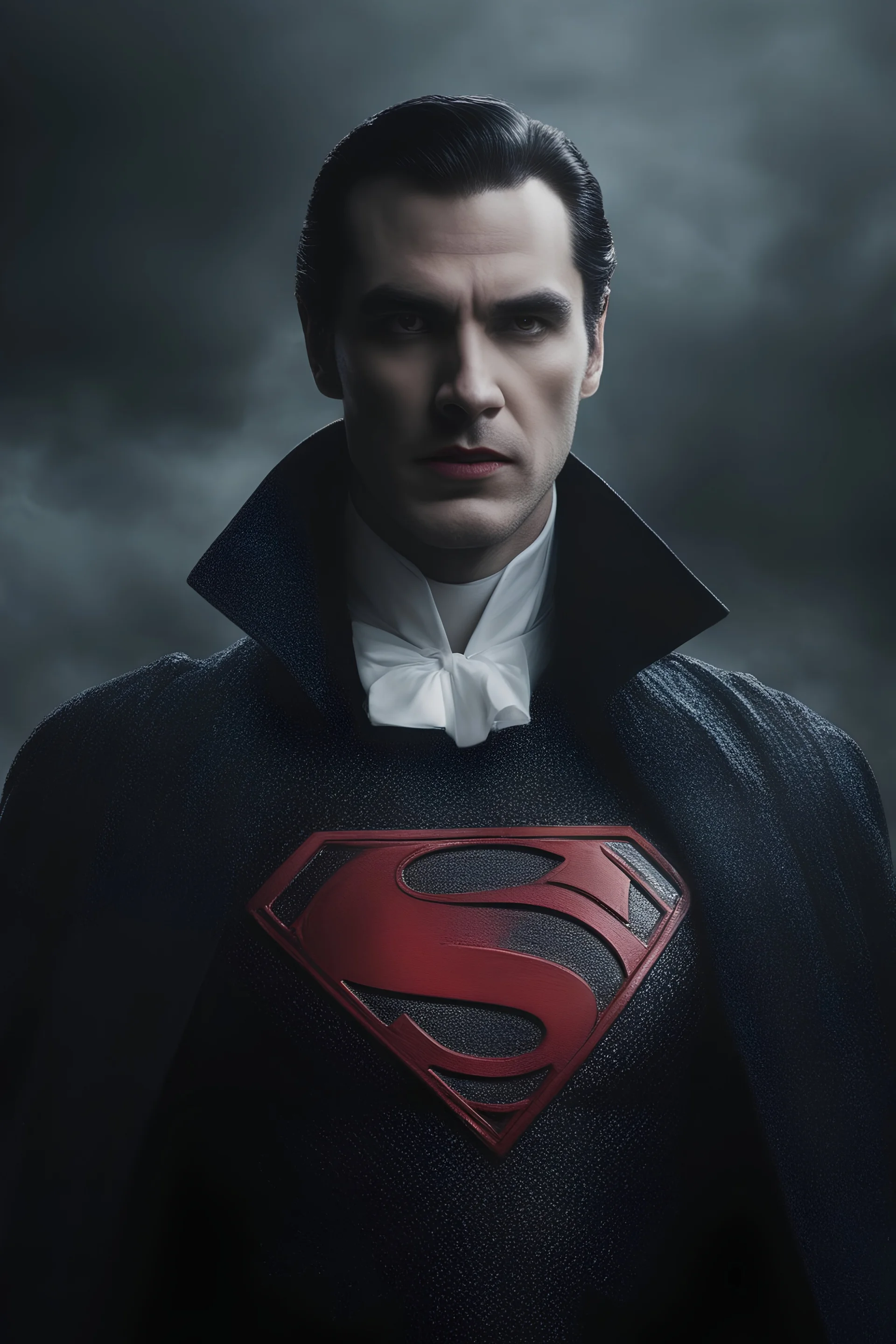 Count Dracula Superman - full color - 32k, UHD, 1080p, 8 x 10, glossy professional quality digital photograph - dark foggy gradated background, historic, powerful, octane rendering, exquisite detail, 30 - megapixel, 4k, 85 - mm - lens, sharp - focus, intricately - detailed, long exposure time, f8, ISO 100, shutter - speed 1125, diffuse - back - lighting, ((skin details, high detailed skin texture)),