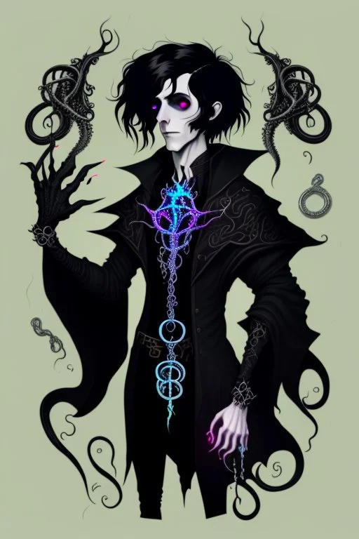 black haired young man necromancer wizard with gothic jewelry and tentacle fingers in the style of H. R. Geiger