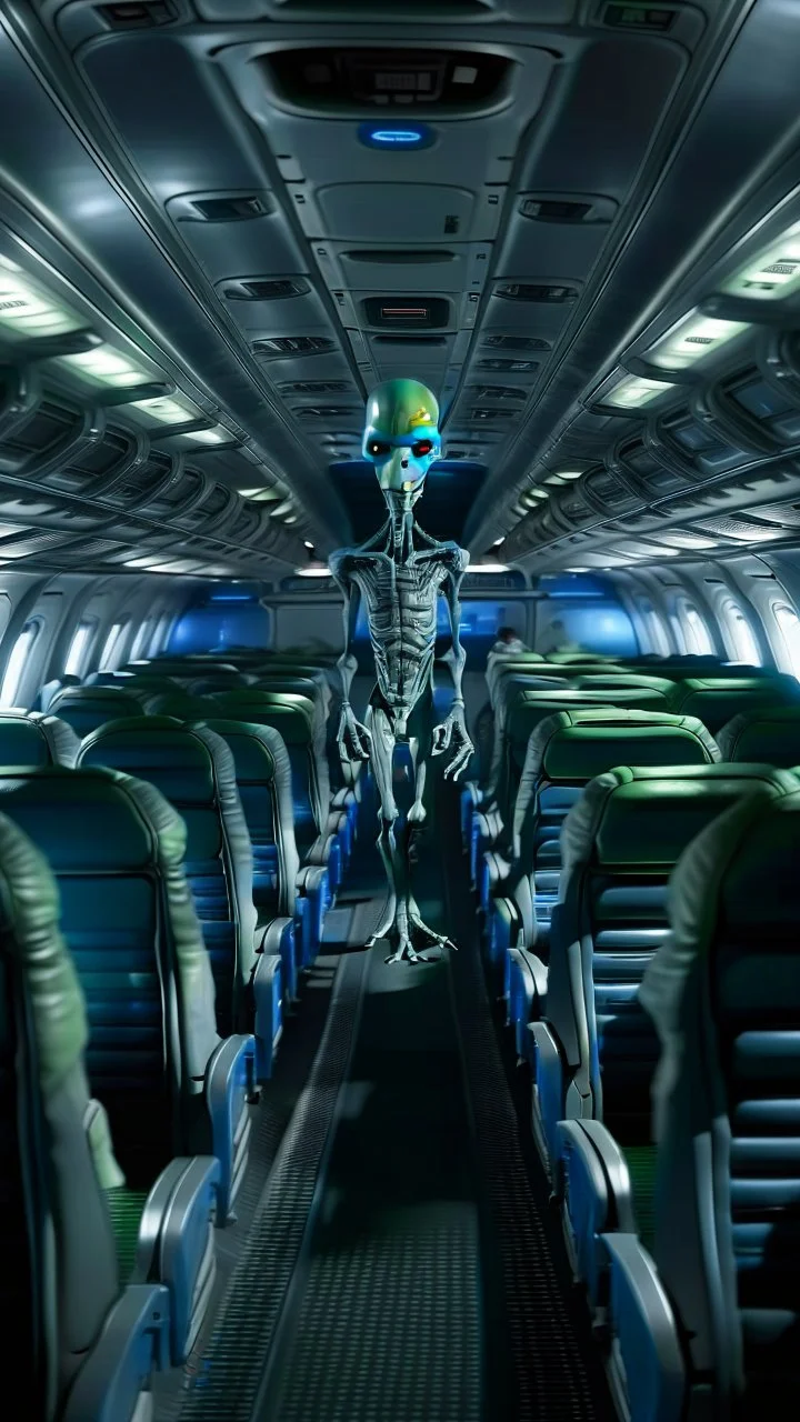 inside a commercial airplane an alien is walking in isle between the seats