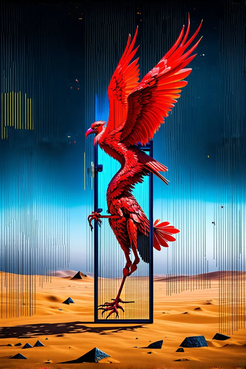 vibrant artwork featuring a red mechanical vulture made of scrap metal rearing against an arafed damaged glass door with frame standing in the middle of a desert, amazing reflections, amazing verticals, dramatic, dynamic, anxiety vibe, background is a blend of gray tones and random splinter glitch fragments in cobalt blue and yellow, creating an unnerving atmosphere