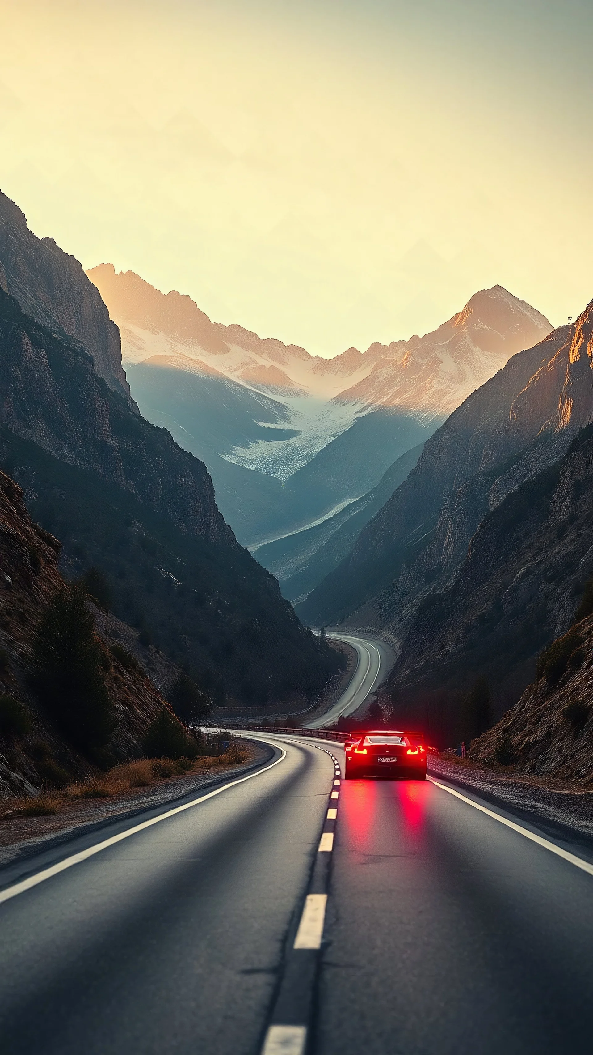 A race cars road in a stunning mountain landscape, mountain gorge, bright color palette, high detail, perfect composition, gcinematic shot, intricate details, hyperdetail