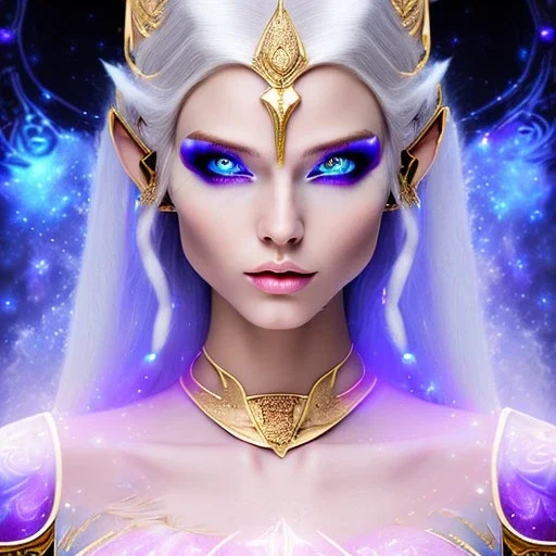 cosmic mage, elf, female, battle mage, epic, cosmic magic, long ears, white hair, face details, pale skin, detailed eyes, jewellery, broad shoulders, glowing eyes, sharp ears, cosmic clothes, bright eyes, cosmic eyes, ears between hair, ears shown, light in eyes