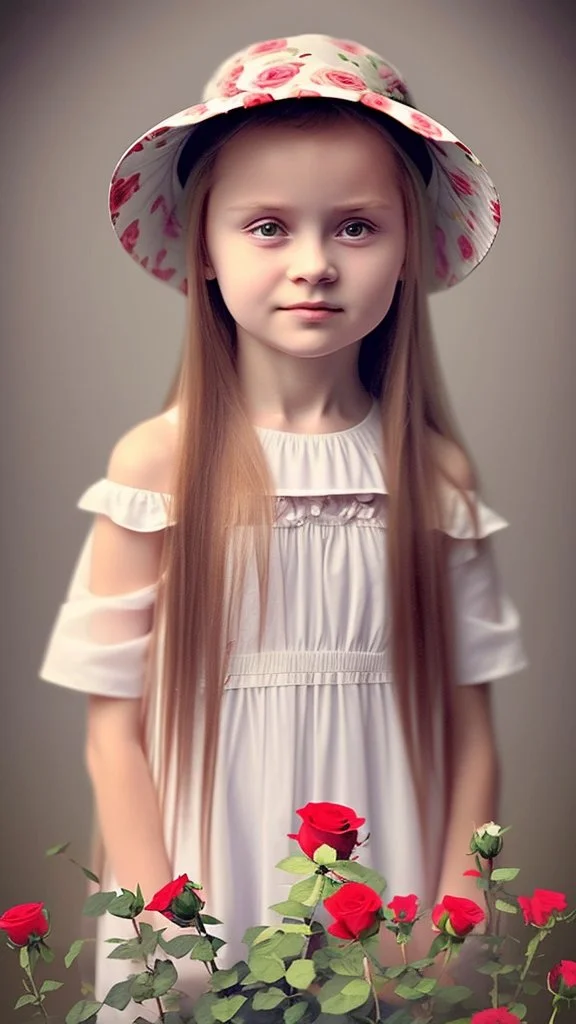 A little girl from Russia at the age of 7 years holds a lot of roses and puts them on her face, and she wears a white Bucket Hat, she puts the roses in front of her face, so her face does not appear, so her face does not appear,(Many Flowers: 1.2), Soft Light, Golden Hour, Upper Body, HDR, 8k, Natural Skin Texture, AO, Intricate, Highly Detailed, Sharp Focus, Crazy Detail, Intricate Detail, Highly Detailed ,The girl looked down