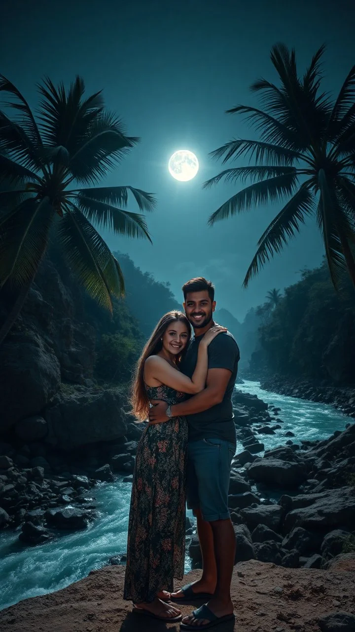 Close-up photo from the front straight. A Beautiful women and a man hugging each other standing by a winding rocky river below and two large coconut trees on the left and right zoom distance from the front. Even the gothic day the moonlight shines. Bright lighting.