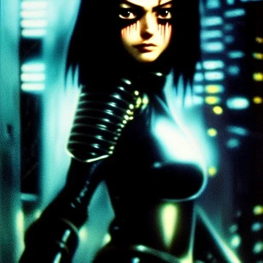 portrait oil on canvas, beautiful punk busty female Alita Battle Angel, intense stare, sad glowing eyes, post-apocalyptic in a cyberpunk city,minimal skintight latex dress, bladerunner movie poster, realistic, intriacte detail,rainy, sci-fi fantasy style, masterpiece, volumetric lighting, particles, highly detailed ,cinamatic , deep colours,8k, in the style of Kaare Andrew