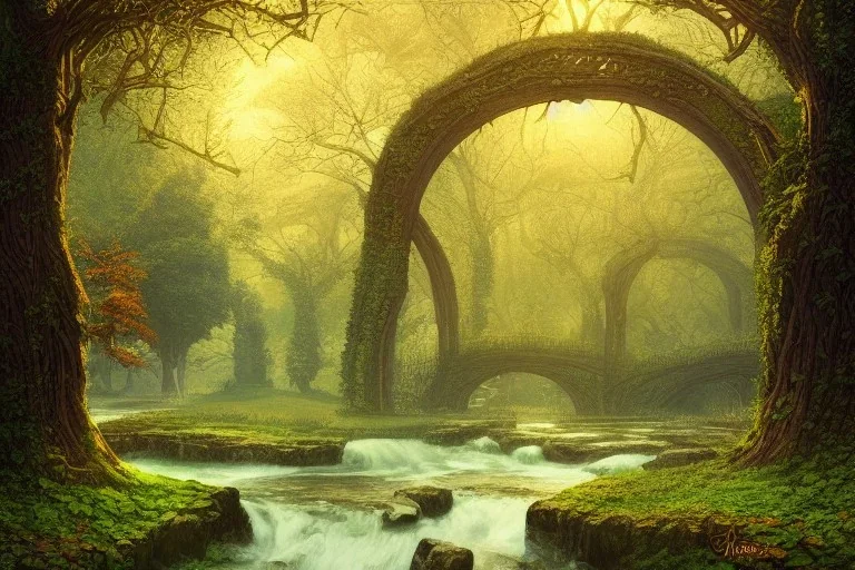 book cover!!!!!!!!!!!!, old bridge, ivy leaves graphic vectors at each border, fantasy forest landscape, fantasy magic, light night, intricate, elegant, sharp focus, illustration, highly detailed, digital painting, concept art, matte, art by wlop and artgerm and ivan shishkin and andrey shishkin, masterpiece