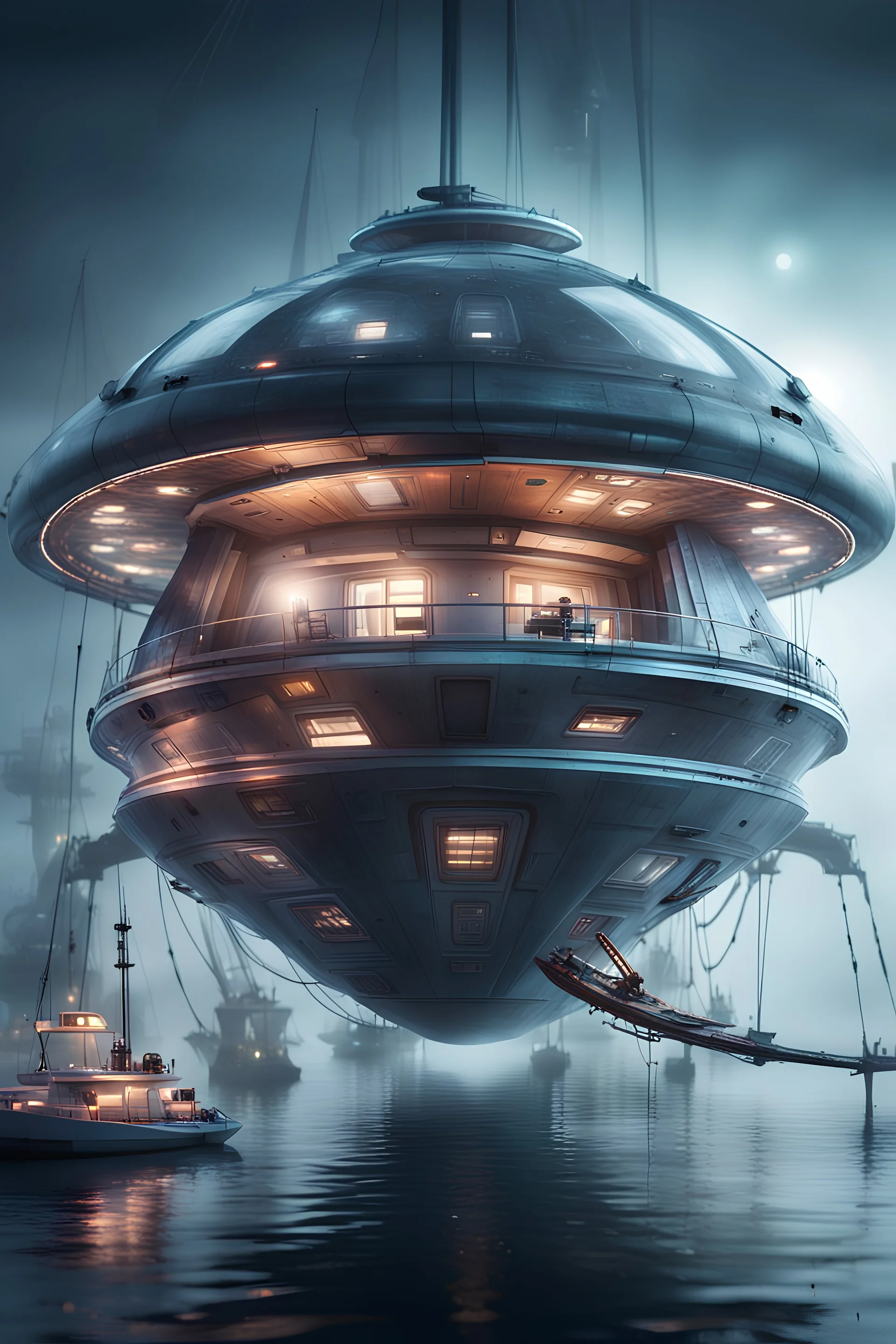 weird boat with supports to keep it stable, book cover pen illustration, portrait of captain on a misty catamaran dome modular house sub that looks like a dark twisted alien space ship with spotlights, in advanced hi tech dock, bokeh like f/0.8, tilt-shift lens 8k, high detail, smooth render, down-light, unreal engine, prize winning