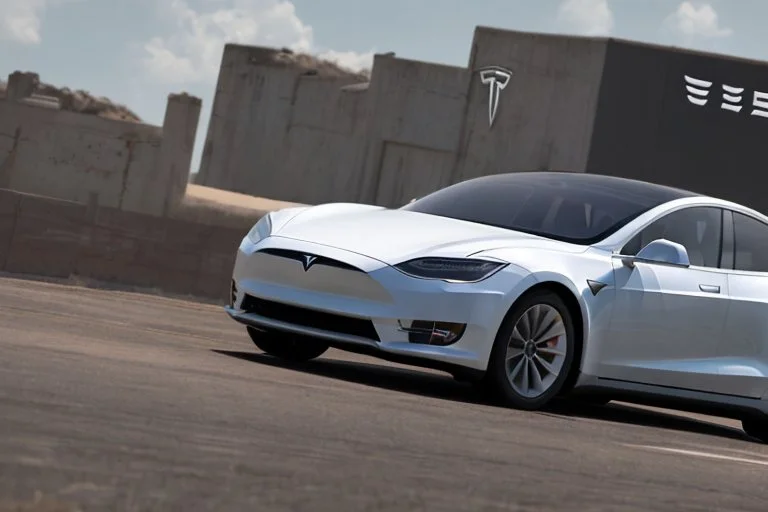 A Tesla 'Model Y' is racing at top speed, in the 'Kennedy Space Center' in Florida. (CINEMATIC, WIDE ANGLE LENS, PHOTO REAL)