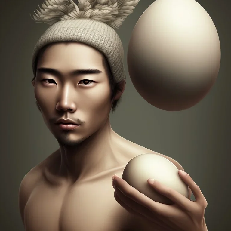 portrait of half korean man with giant egg head