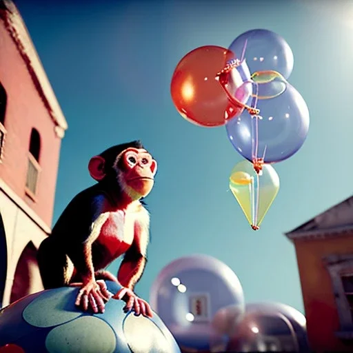 Ultra realistic circus scene. Monkey man, waist up view, Wes Anderson style, happy, bubbles, party, confeti, highly detailed, concept art, unreal engine 5, god rays, ray tracing, RTX, lumen lighting, ultra detail, volumetric lighting, 3d, finely drawn, high definition, high resolution.