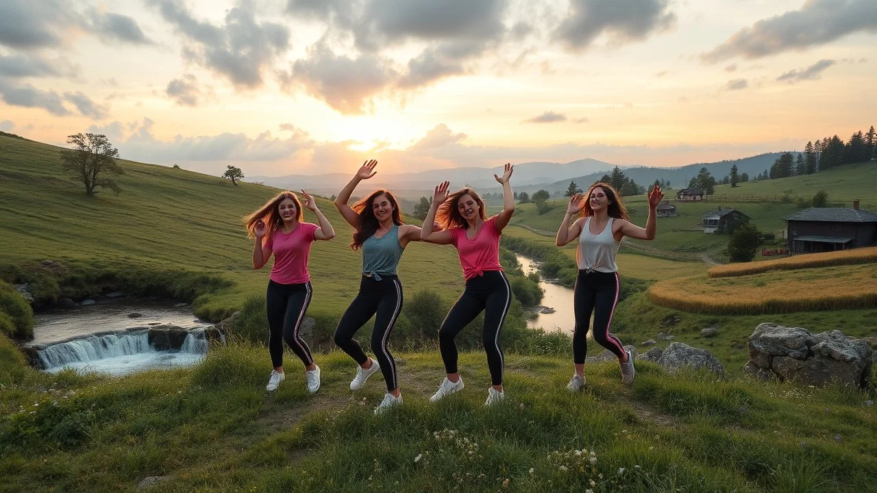 a group of young ladies in sports pants and blouse are dancing to camera in village over high grassy hills,a small fall and river and wild flowers at river sides, trees houses ,next to wheat farm,cloudy sun set sky